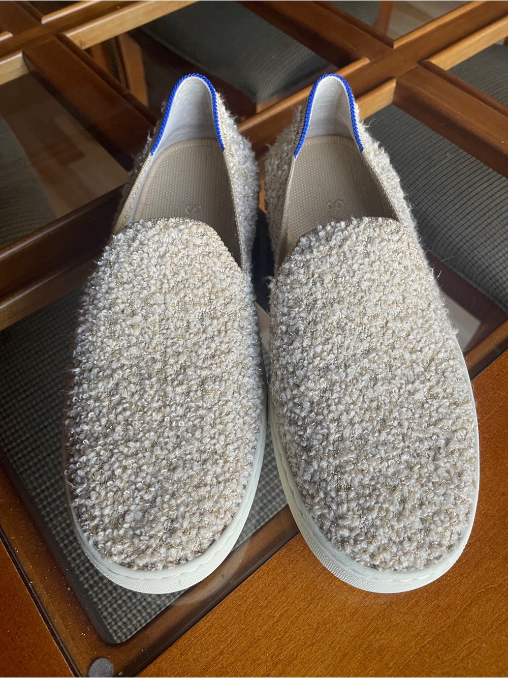 Rothy’s Slip-On Bouclé Women's Sneakers in Cream with Gold Flecks Size 8